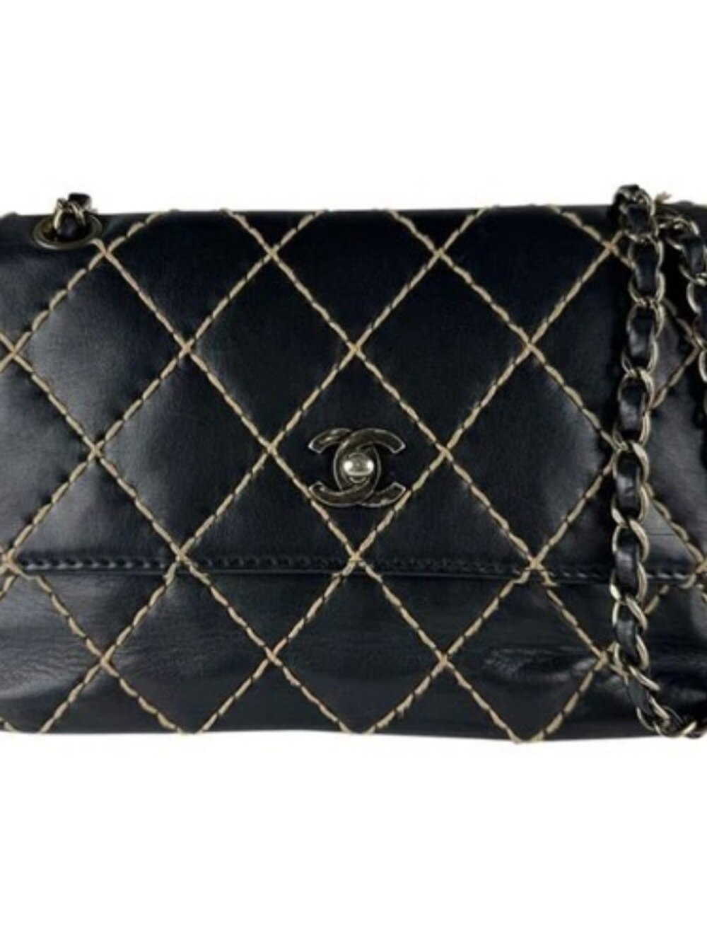 Auth CHANEL Wild Stitch Shoulder Bag Black/Beige/Gold Leather/Metal - z10500